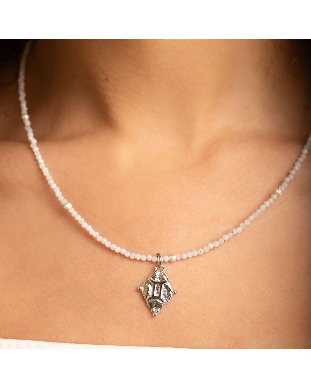 Seven Saints Metallic Gemini Gemstone Choker Necklace, Moonstone, Rhodium Plated