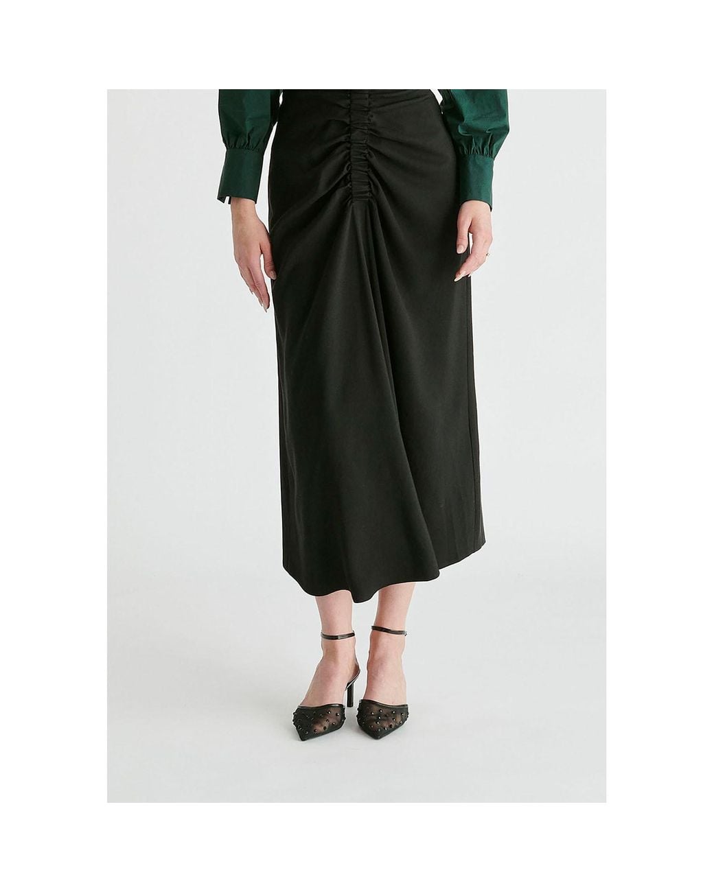Paisie Black Ruched Front Midi Skirt