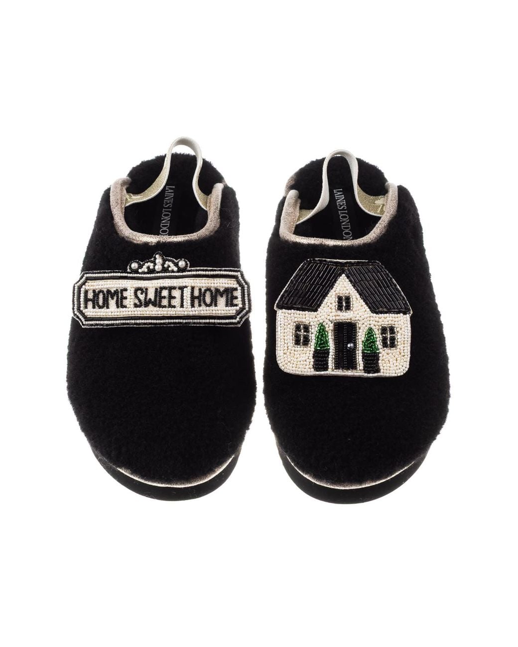 Laines London Black Flatform Cloud Slippers With Home Sweet Home Brooches