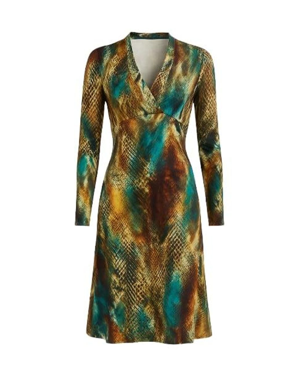 Conquista Green Long Sleeve Faux Wrap Animal Print Midi Dress