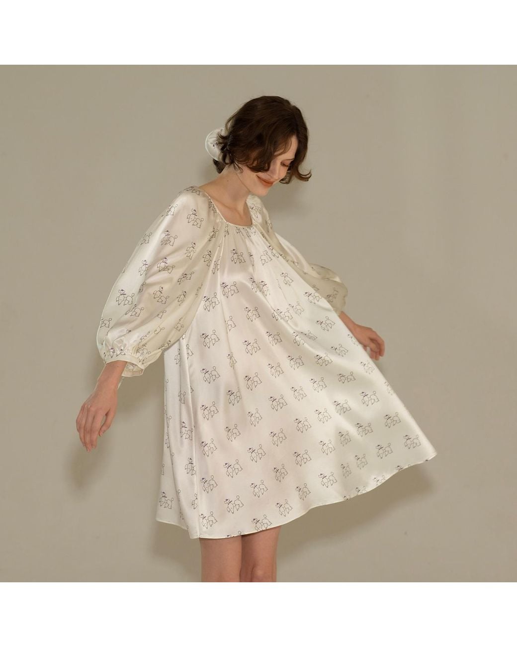 NOT JUST PAJAMA White Diamond Poodles Silk Puff Sleeve Dress