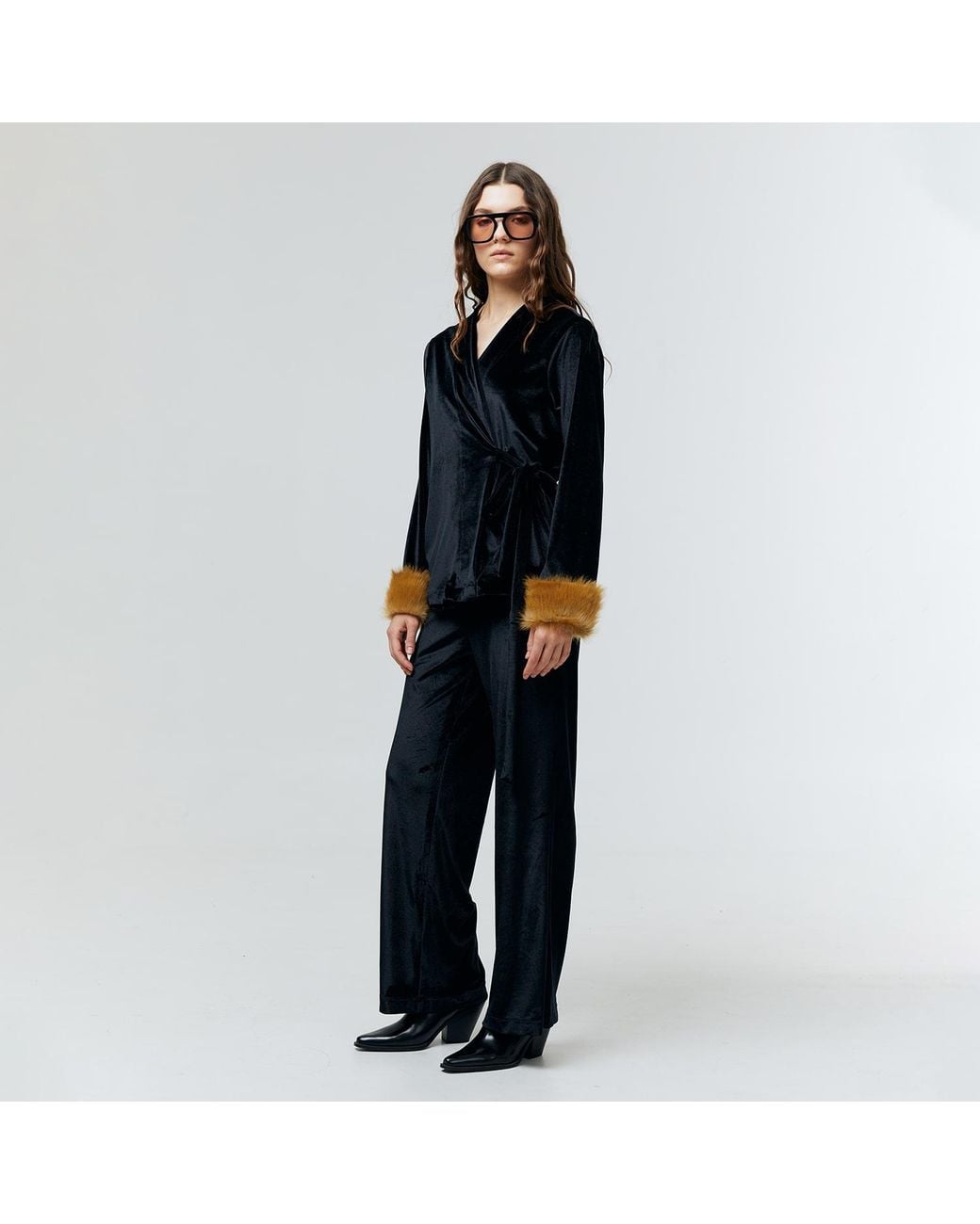 Ats the Label Black Aurielle Velvet Fur Cuff Top