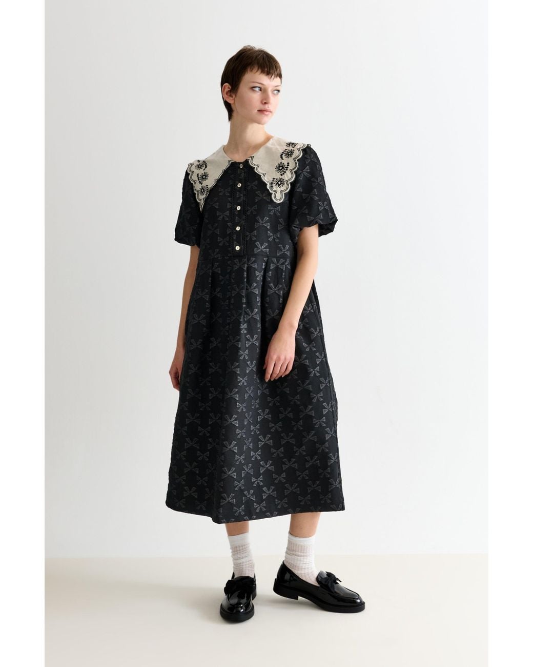 knee length dresses for ladies Jacquard Midi Dress with Satin Turn-Up Xs / White main image 1