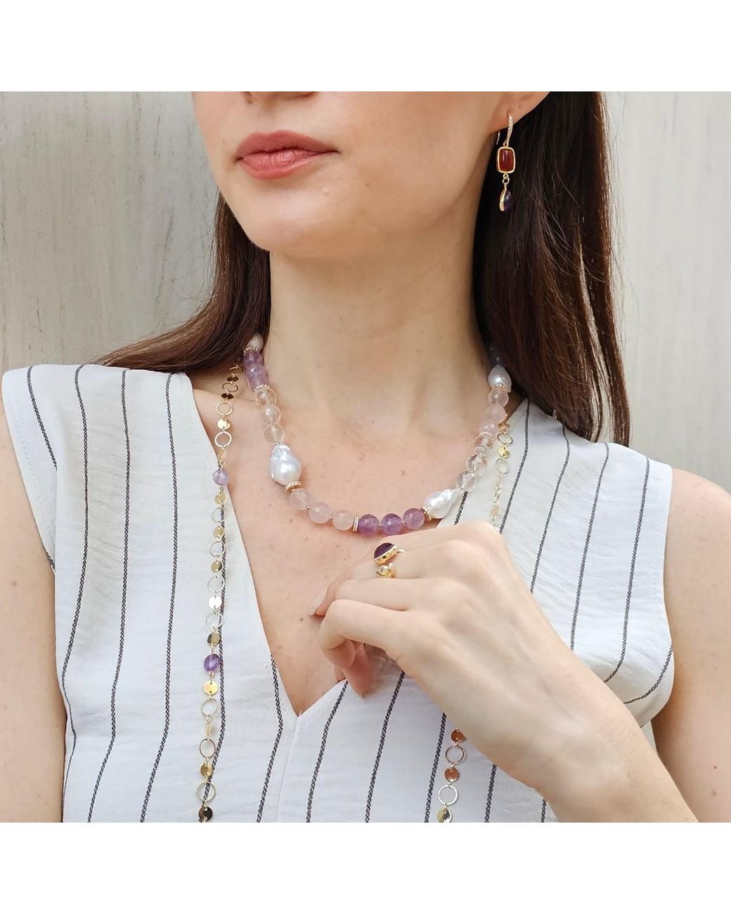 Farra Metallic Rose Quartz And Amethyst With Baroque Pearls Necklace