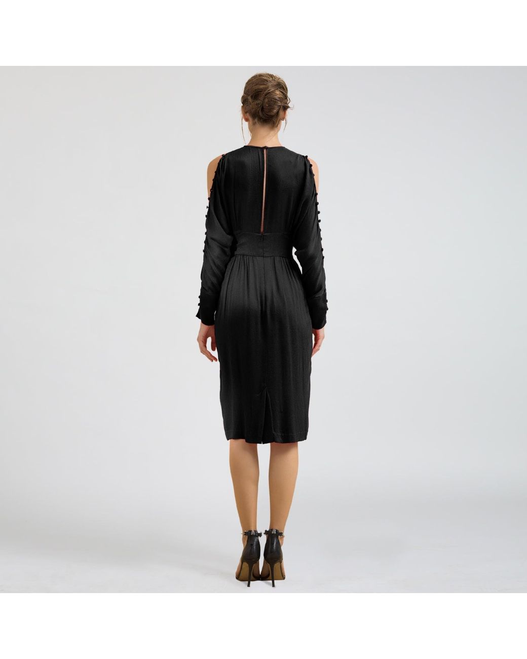 Smart and Joy Black Bat Sleeved Fitted Dress With Off-Shoulders