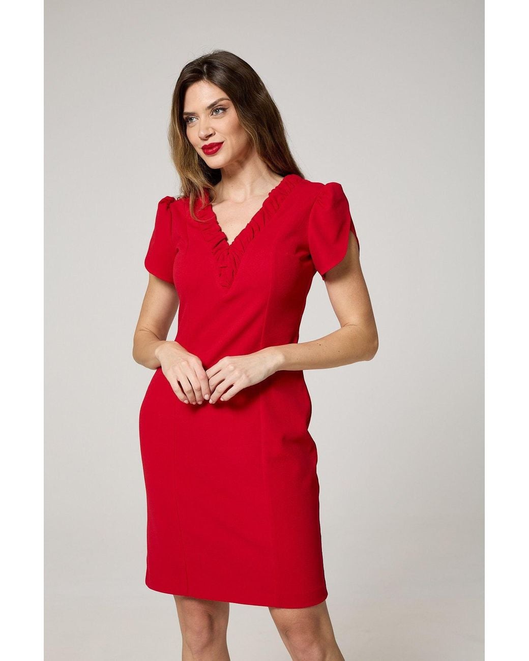 K-Win London Red Elegant Ruffle V-Neck Dress