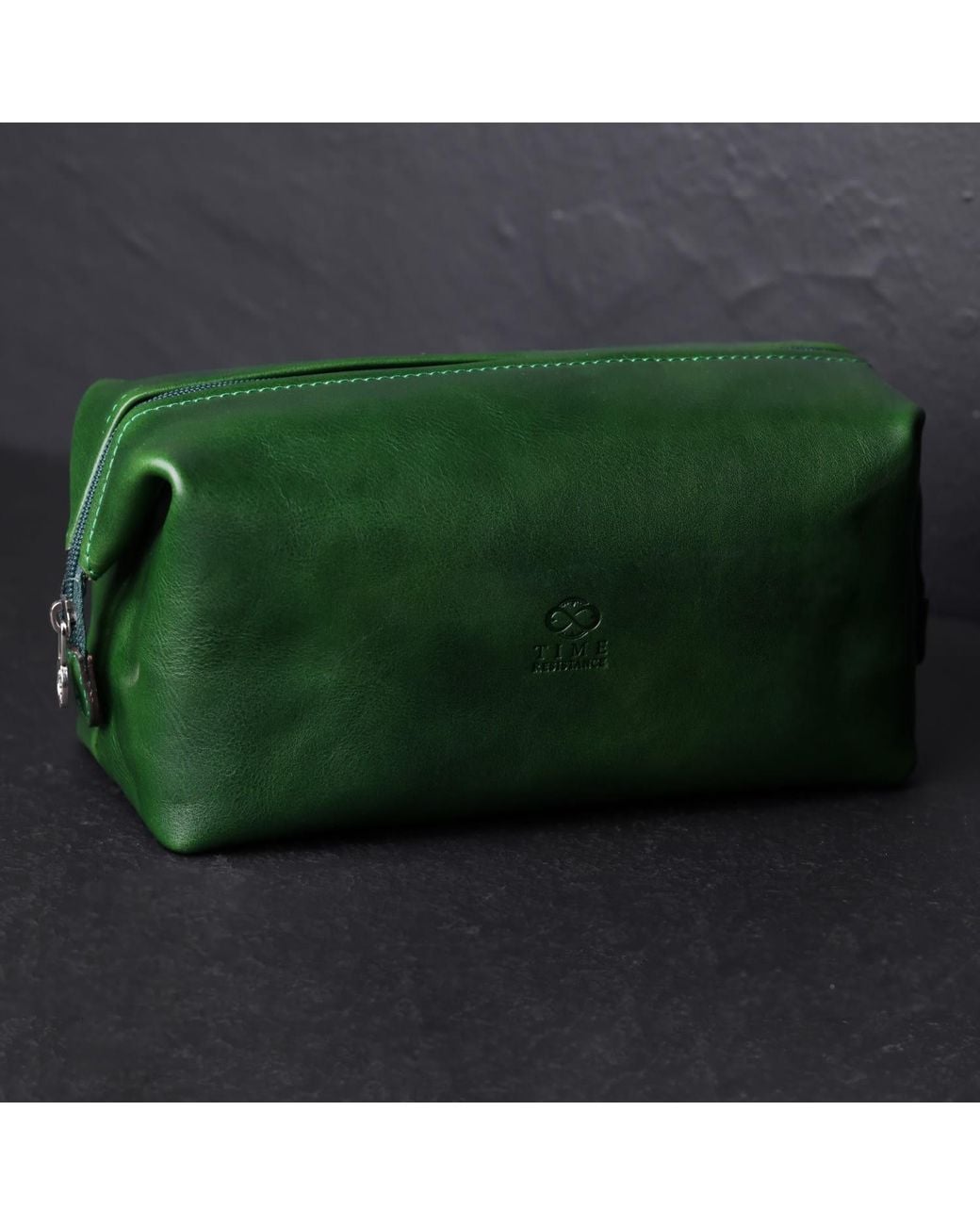 Time Resistance Green Leather Toiletry Bag For