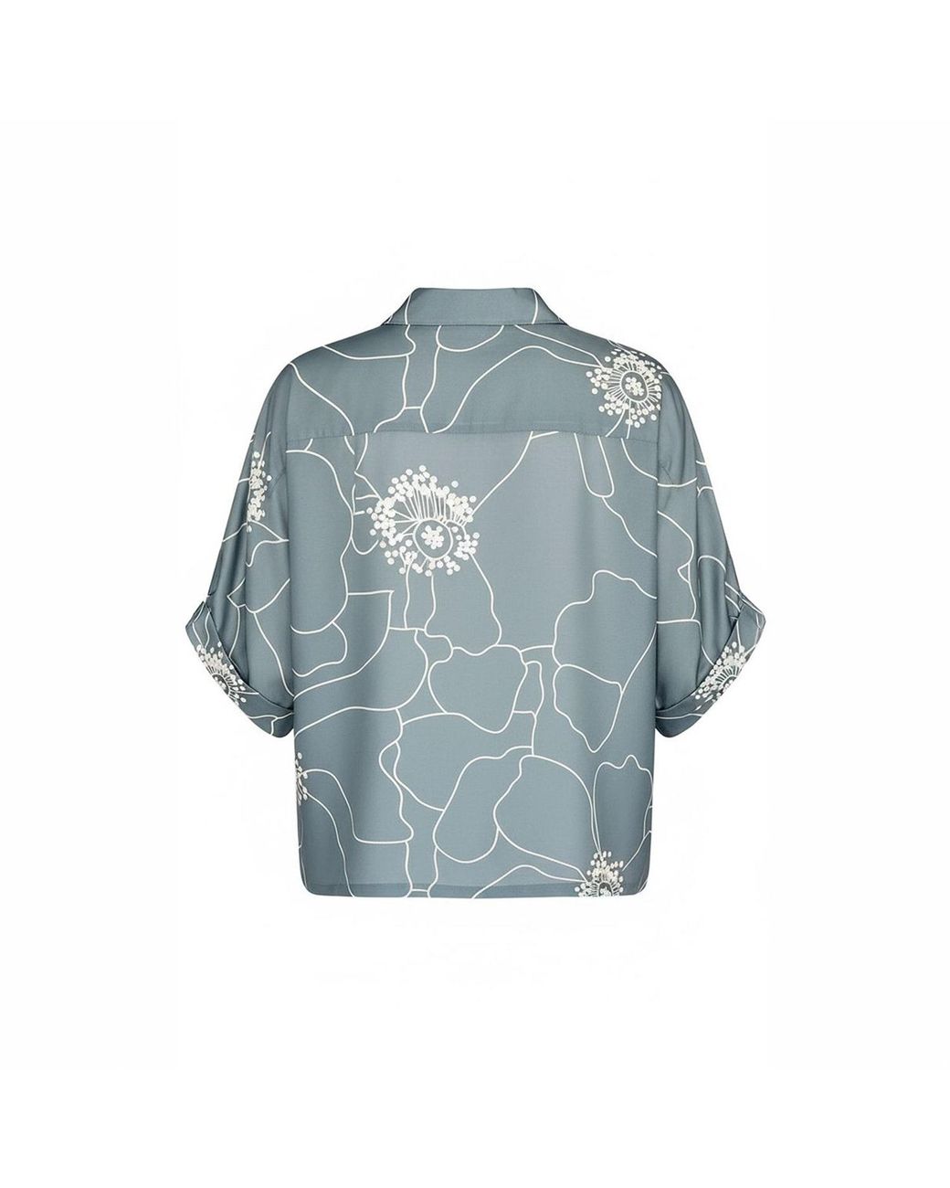 Haris Cotton Blue Printed Satin Batwing Long Sleeve Blouse Peonies