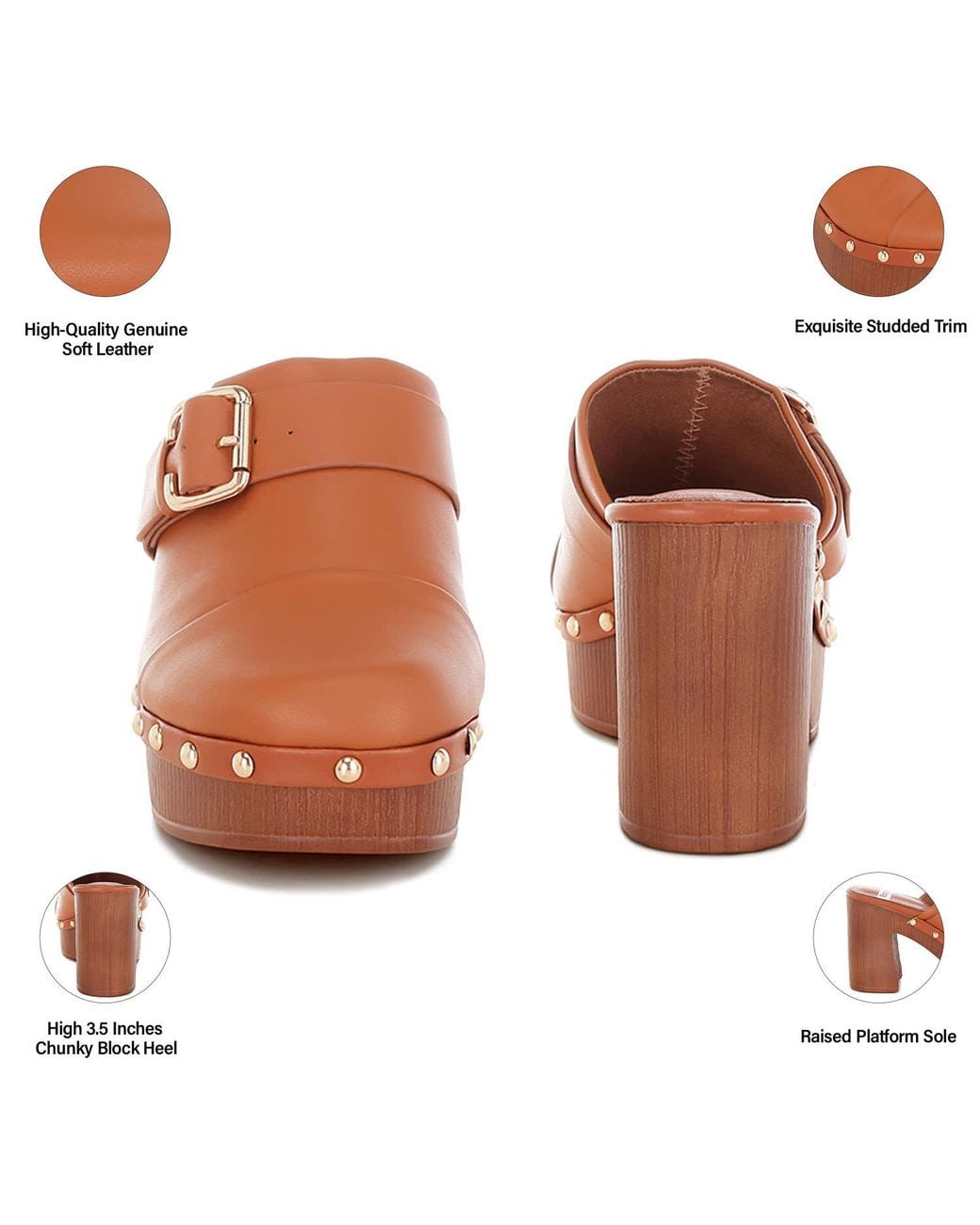 Rag & Co Brown Septim Genuine Leather Studded Clog Heels