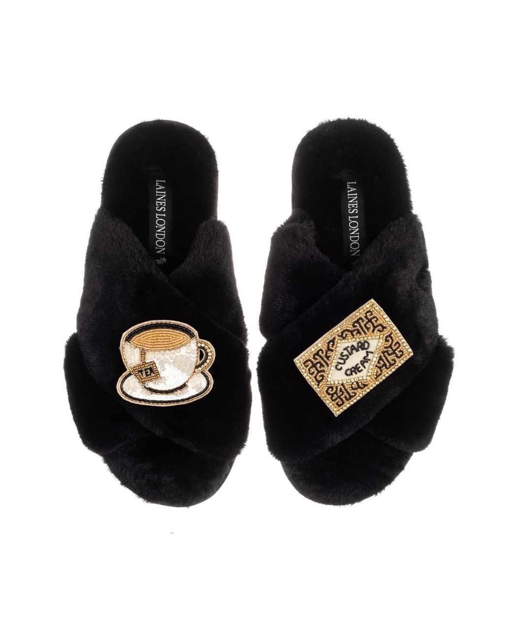 Laines London Black Classic Laines Slippers With Tea & Biscuit Brooches
