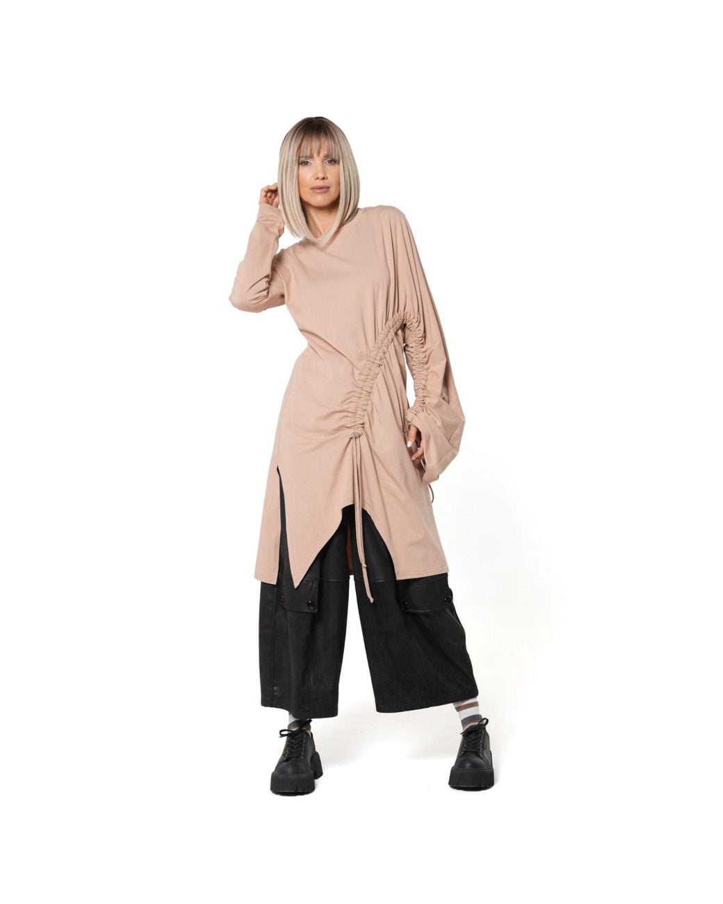 Metamorph Pink Neutrals Asymmetric Cotton Tunic With Adjustable Drawstring Details