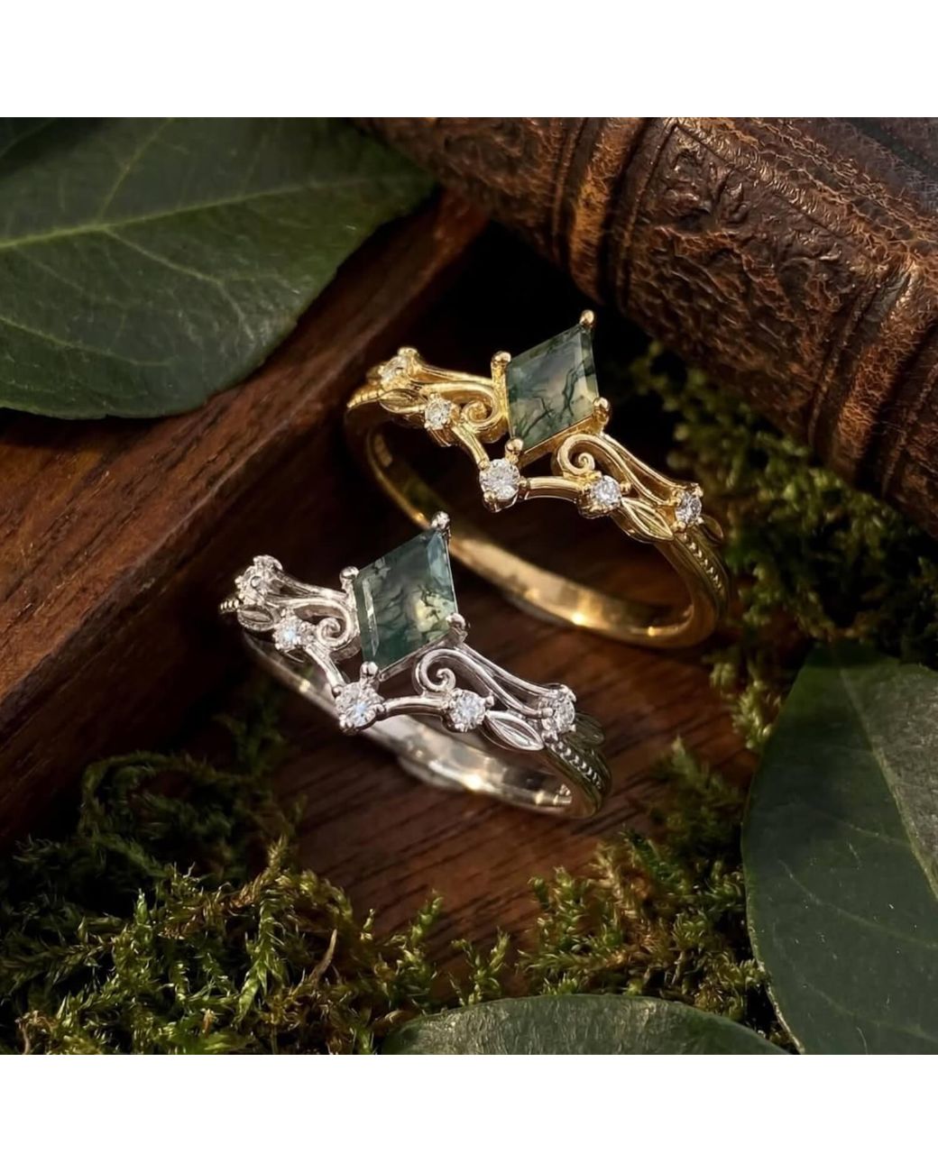 Azura Jewelry New York Victorian Lace Moss Agate Ring White Gold Vermeil©