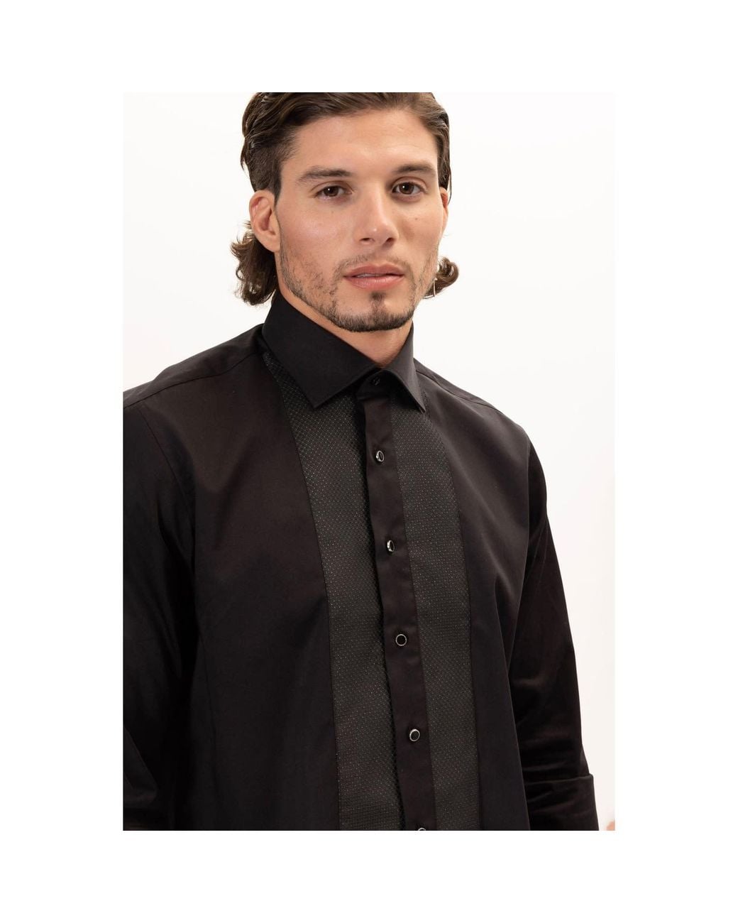 Ron Tomson Black Lurex Paneled Spread Collar Tux Shirt for men