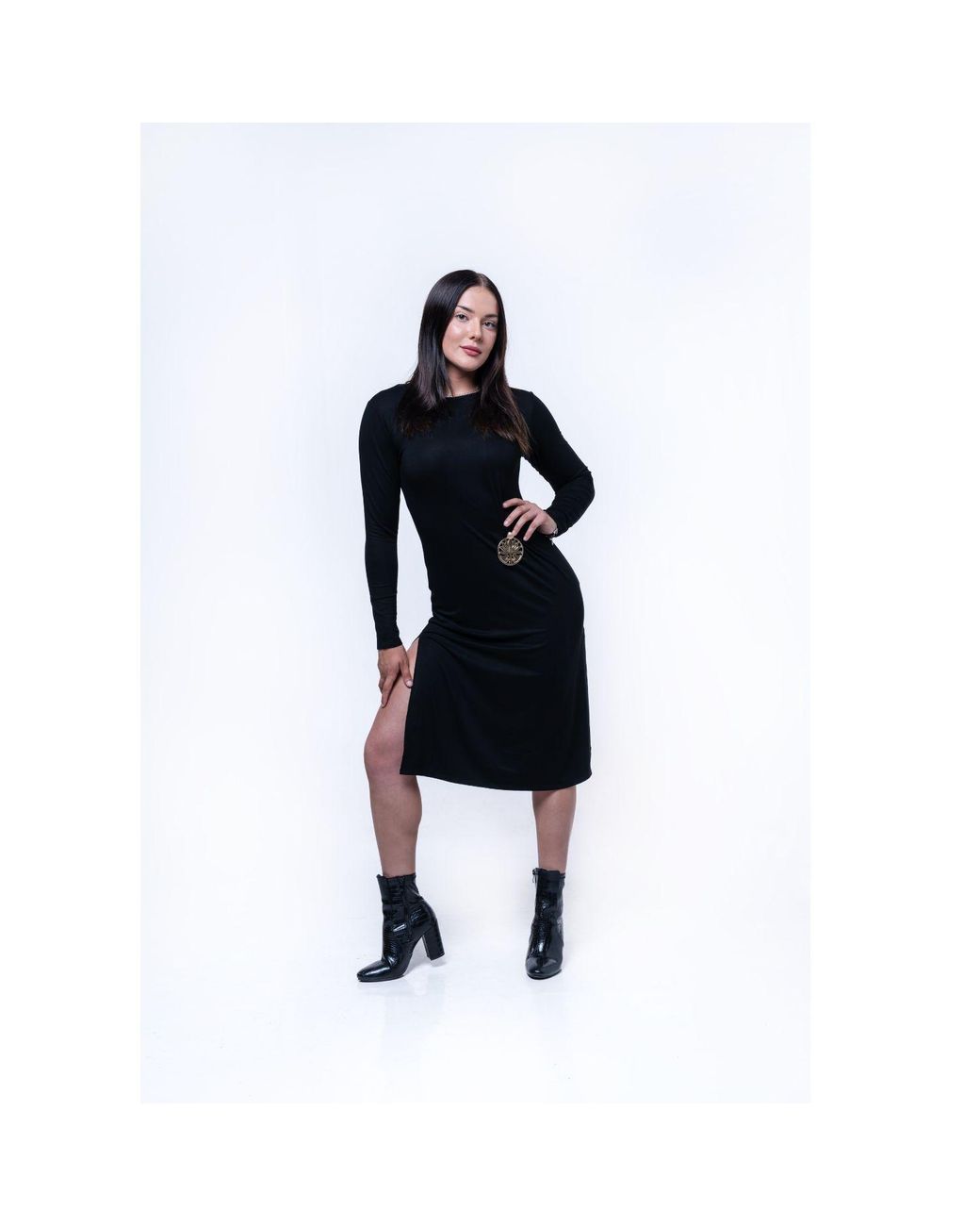 House of Gl Black Onyx Luxury Stretch Knit Long Sleeve Midi Dress With Lotus Emblem