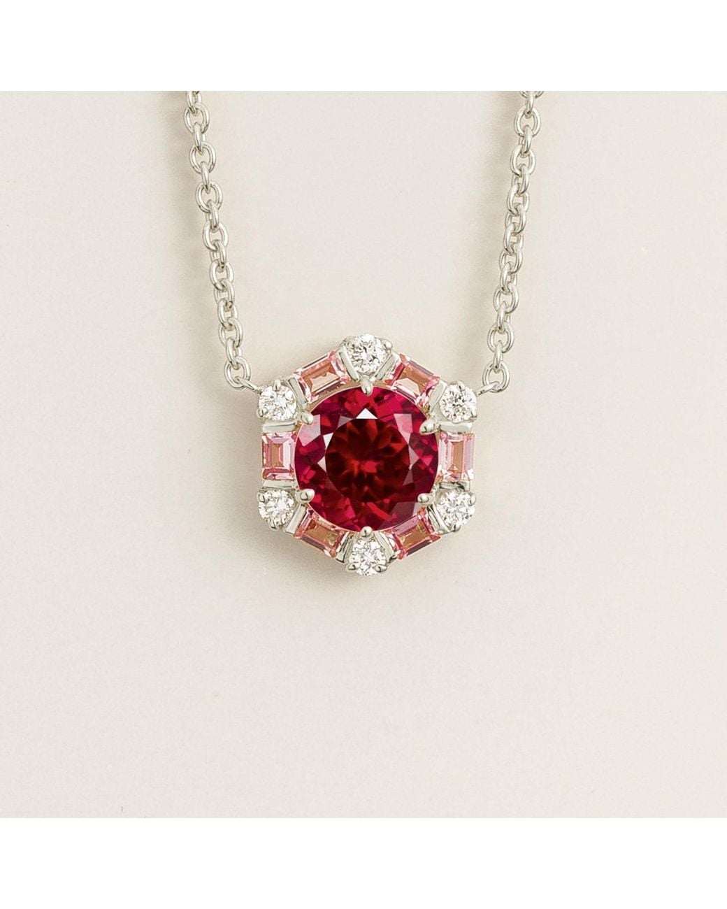 Juvetti Red Melba Ruby, Sapphire & Diamond Halo Hexagon Pendant Necklace