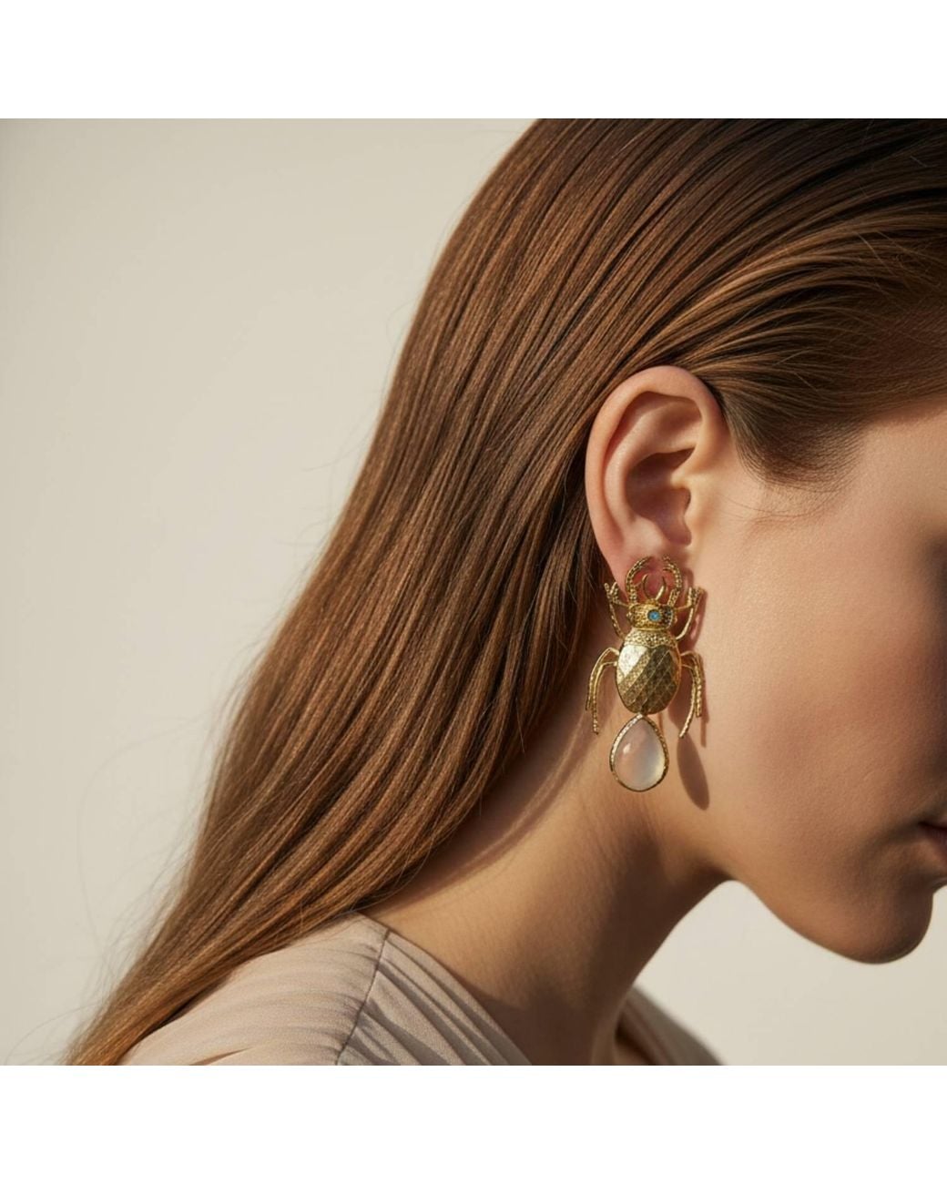 Silver & Elegant Co. Metallic Sculptural Rose Quartz Scarab Drop Earrings, 22K-Plated Bronze