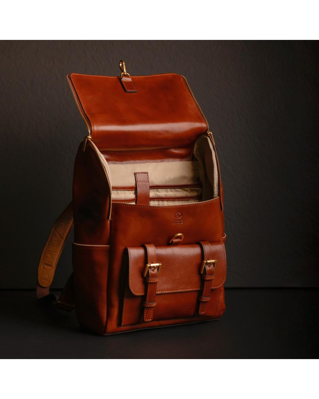 Time Resistance Brown Large Leather Backpack Cognac