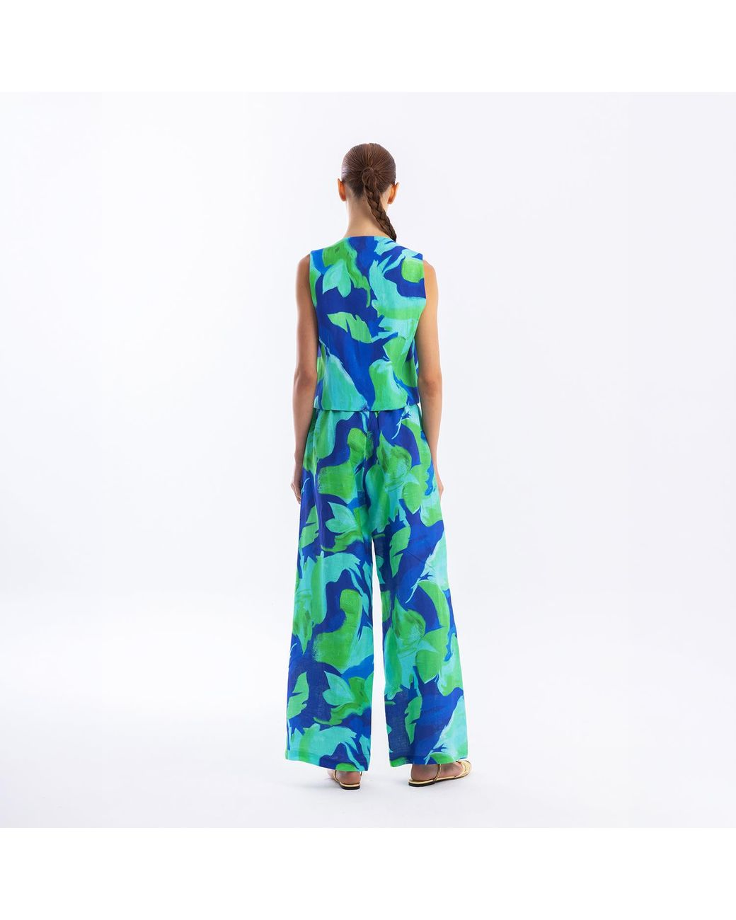 Haris Cotton Green Front-Tied Printed Linen Vest Lagoon