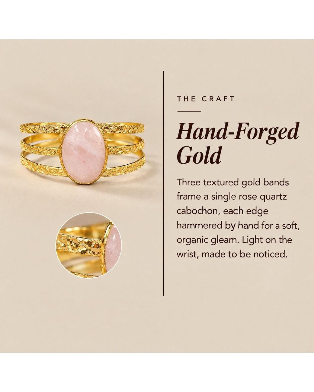 Saéa Yellow Blush Rose Quartz Hammered Triple Band Cuff Bracelet