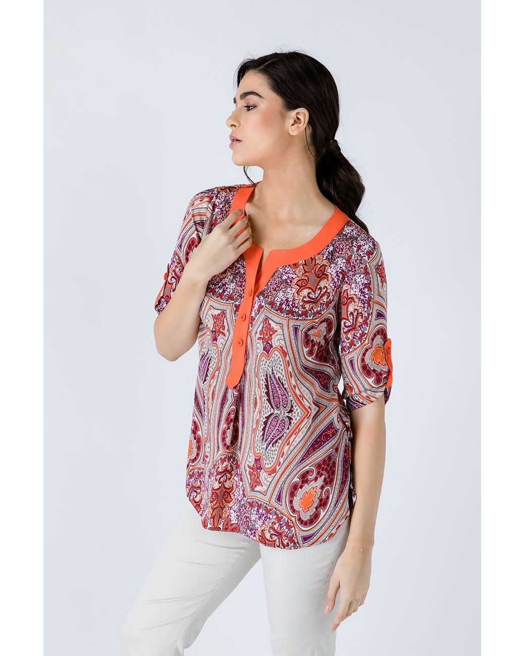 Conquista Red Print Poplin Top With Trim