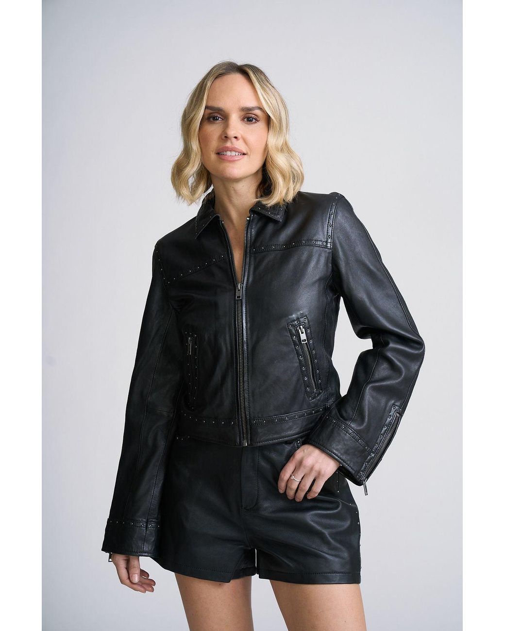 Mauritius Black Streamlined Studded Leather Jacket Mellus