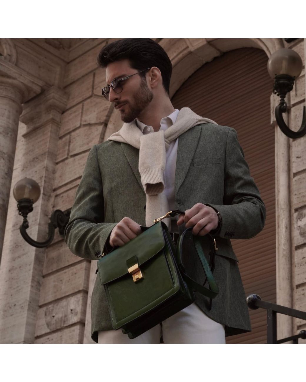 Time Resistance Green Small Leather Briefcase for men