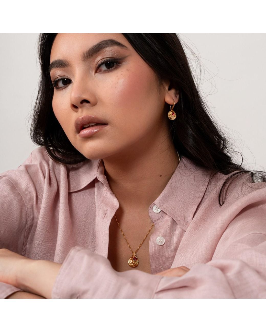 Dower & Hall Metallic Hammered Disc & Garnet Array Drop Earrings