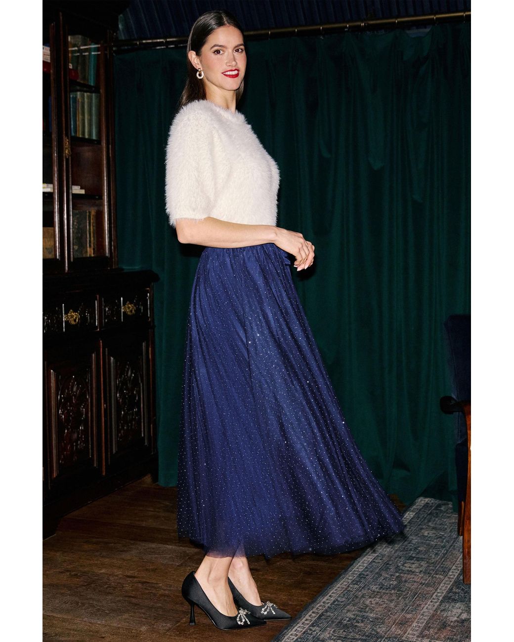 Yumi' Blue Diamonte Tulle Midi Skirt