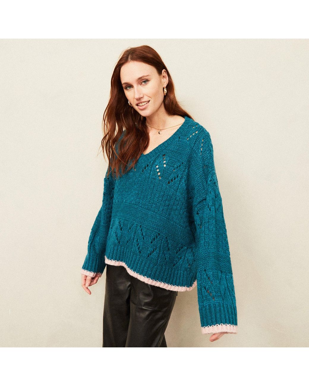 Cara & The Sky Blue Zoe Pointelle V Neck Wide Sleeve Jumper