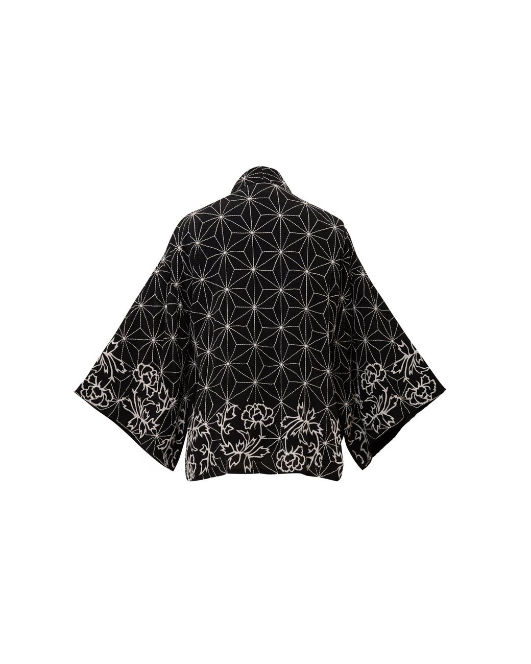Artemis Muse Black Asanoha & Peony Embroidered & Ivory Fully Lined Short Kimono