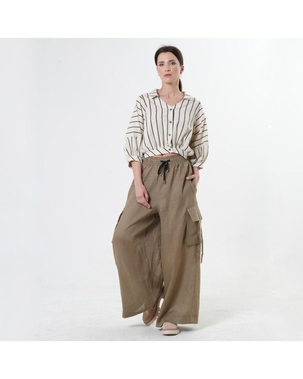 Metamorph Gray Linen Cargo Palazzo Trousers