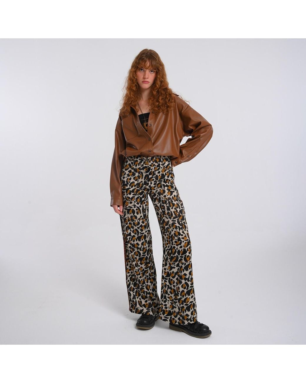 Lalipop Design Black Neutrals Leopard Print Ecovero Satin Wide-Leg Cargo Pants