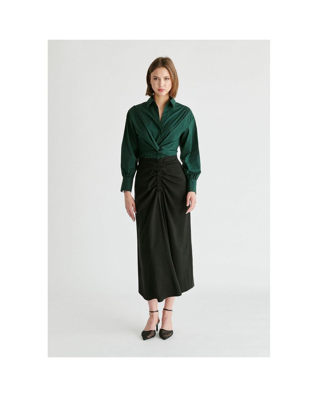 Paisie Black Ruched Front Midi Skirt