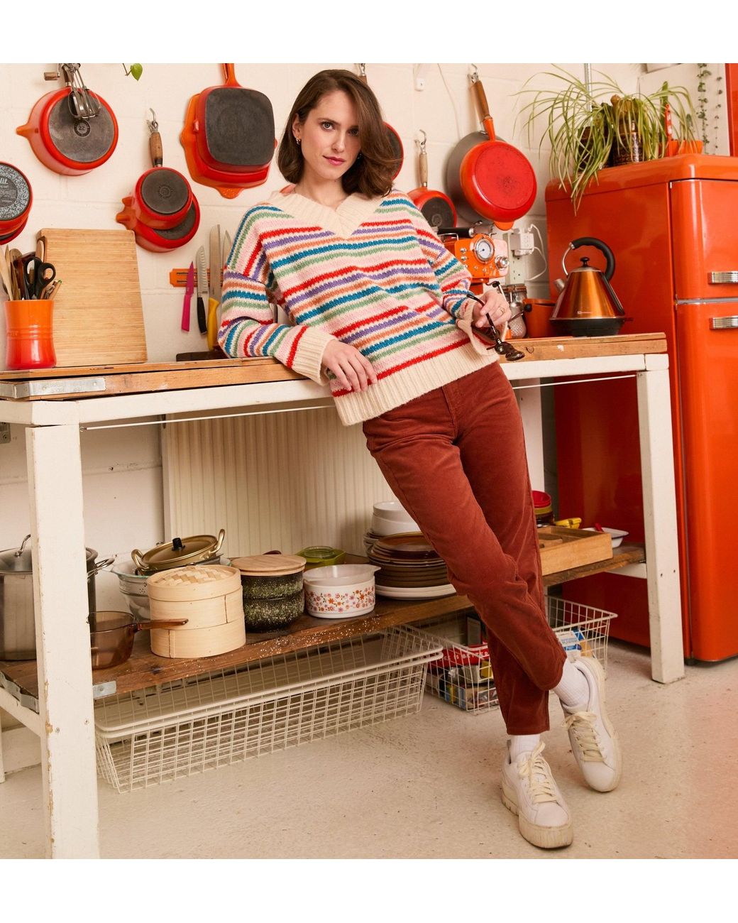 Cara & The Sky Red Jasmine Wide Sleeve V Neck Striped Jumper