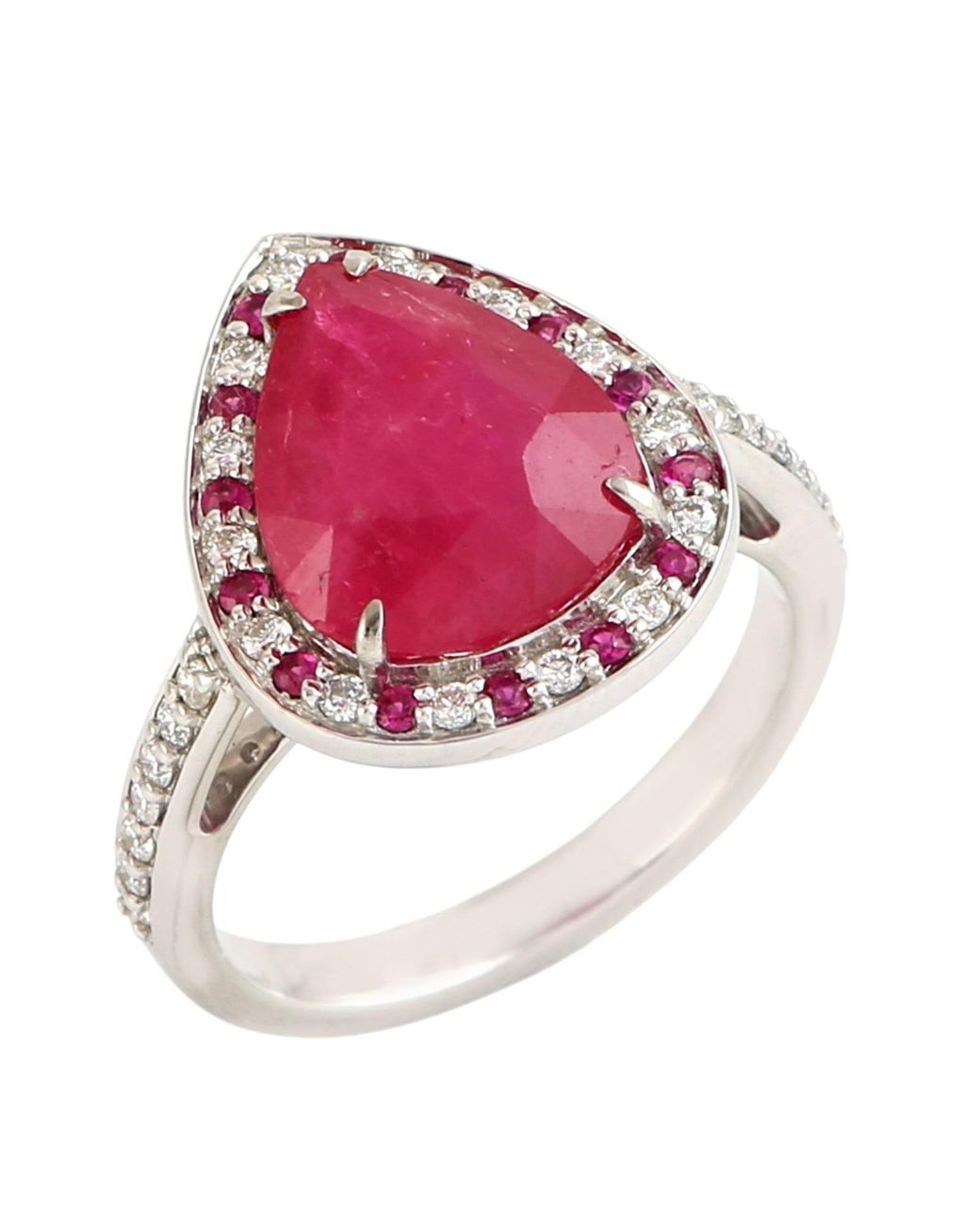 Artisan Pink Pear-Shaped Ruby, Diamond & Ruby Halo Ring