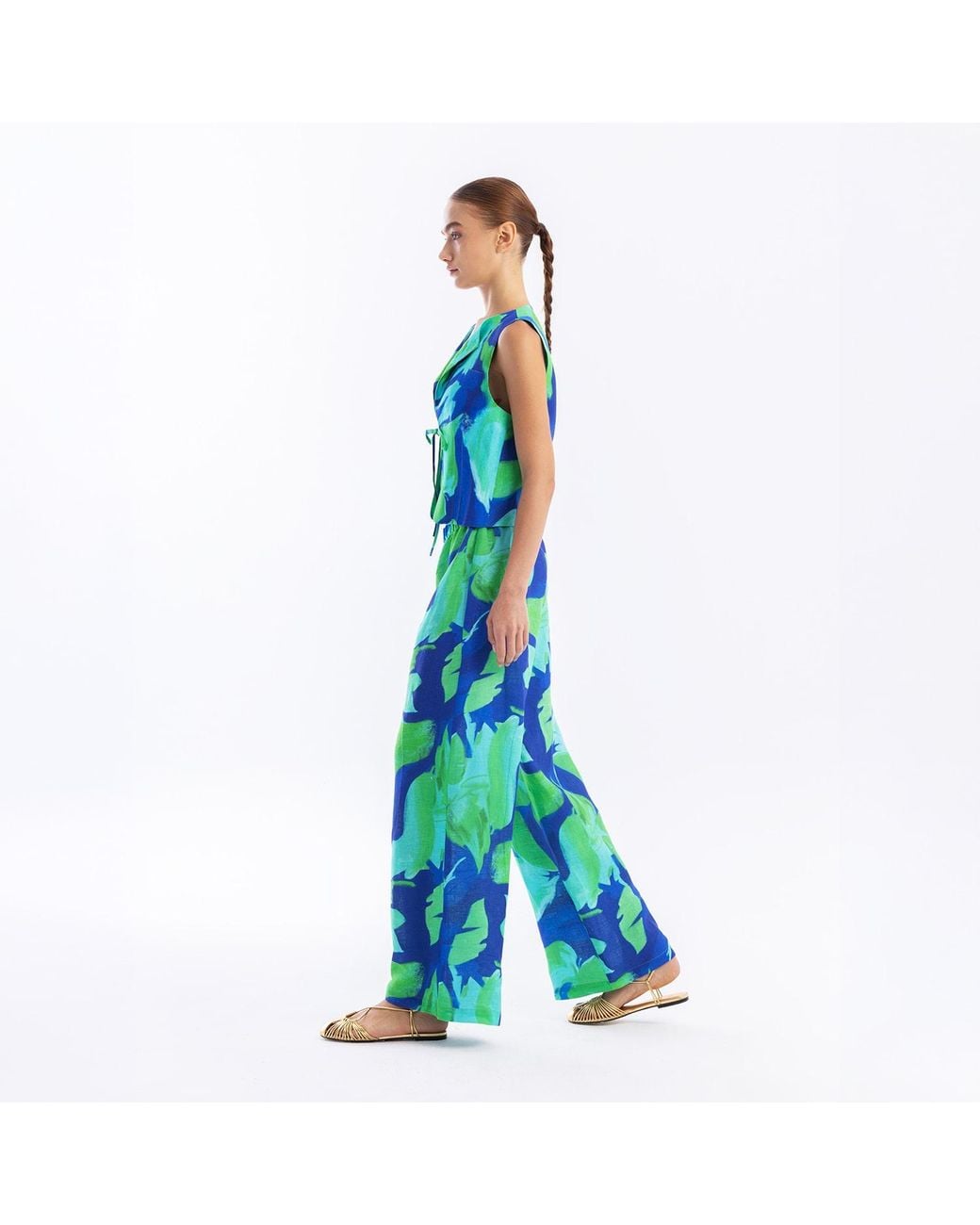 Haris Cotton Green Relaxed Fit Printed Linen Pants With Elastic Waist Lagoon