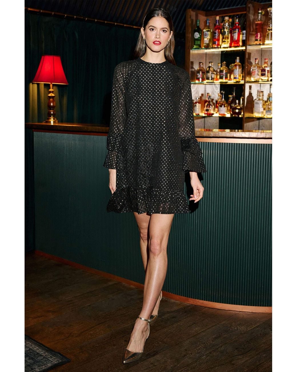 Yumi' Black Foil Print Tunic With Flared Sleeves