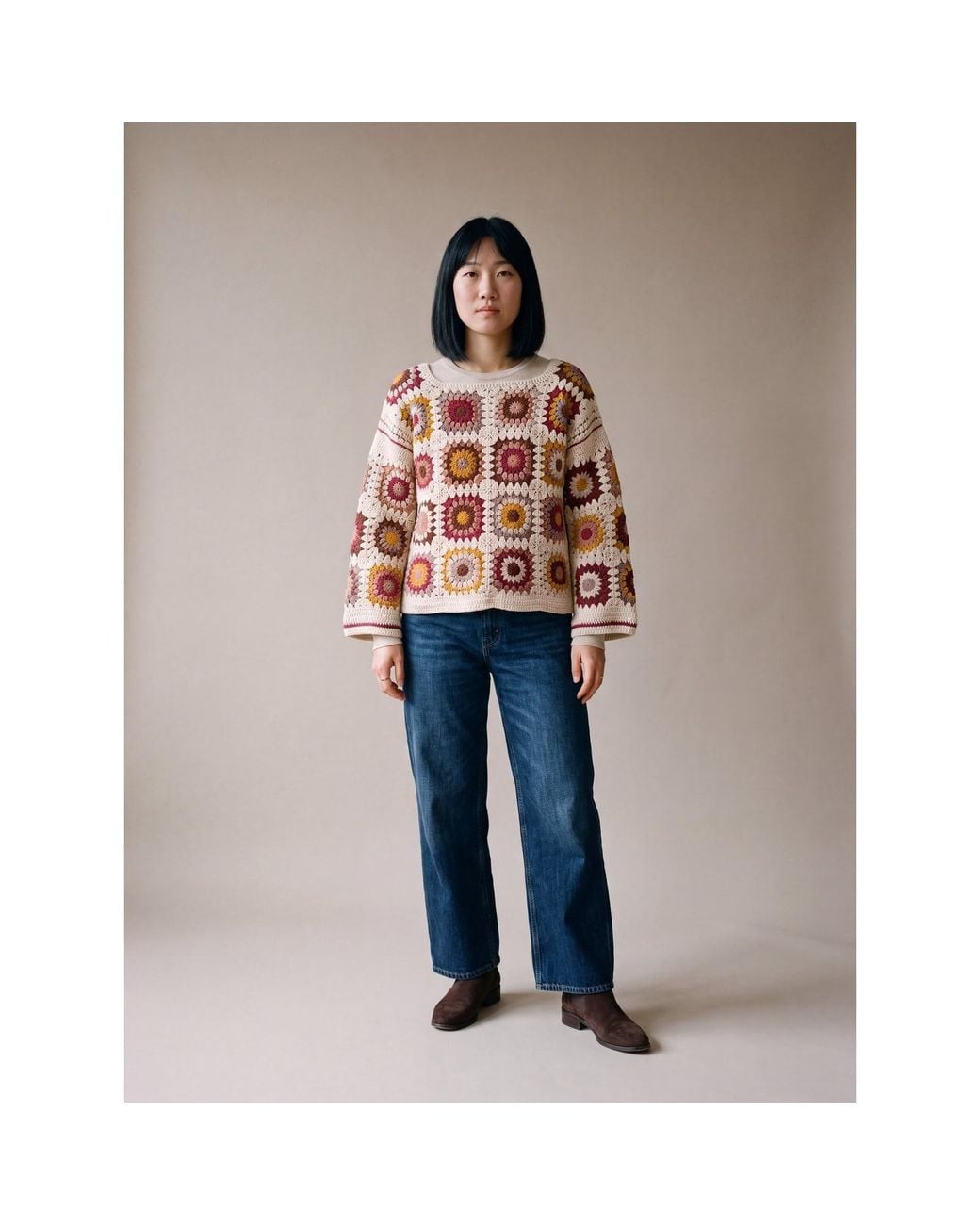 Ana Chic Brown Cream Granny Square Handmade Crochet Jumper