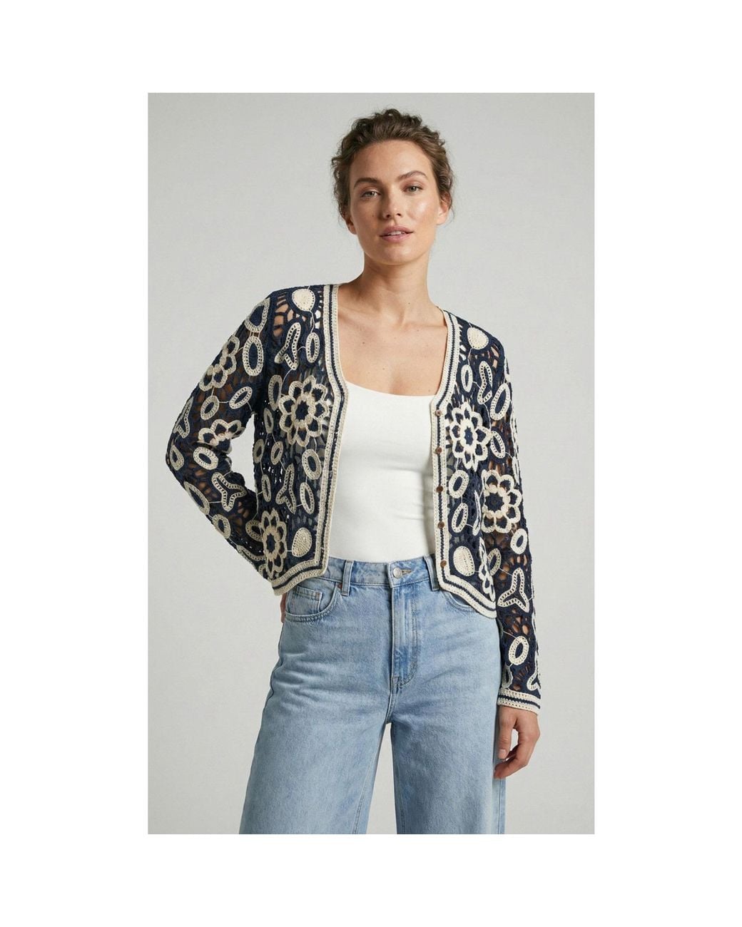 Saachi Blue Floral Lace Crochet Short Jacket