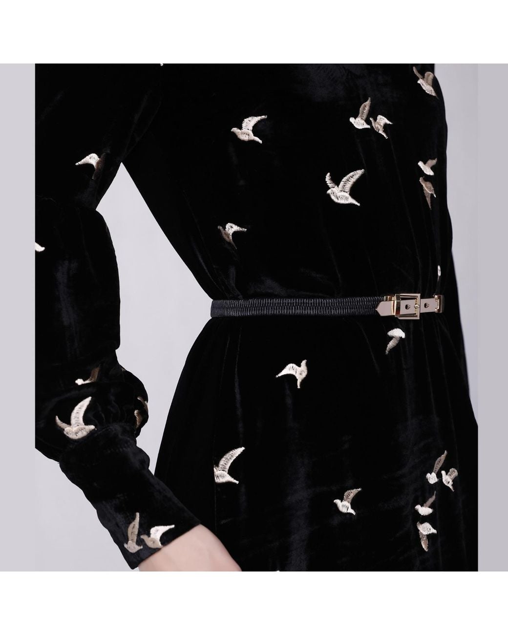 Smart and Joy Black Golden Embroidery Velvet V-Neck Dress