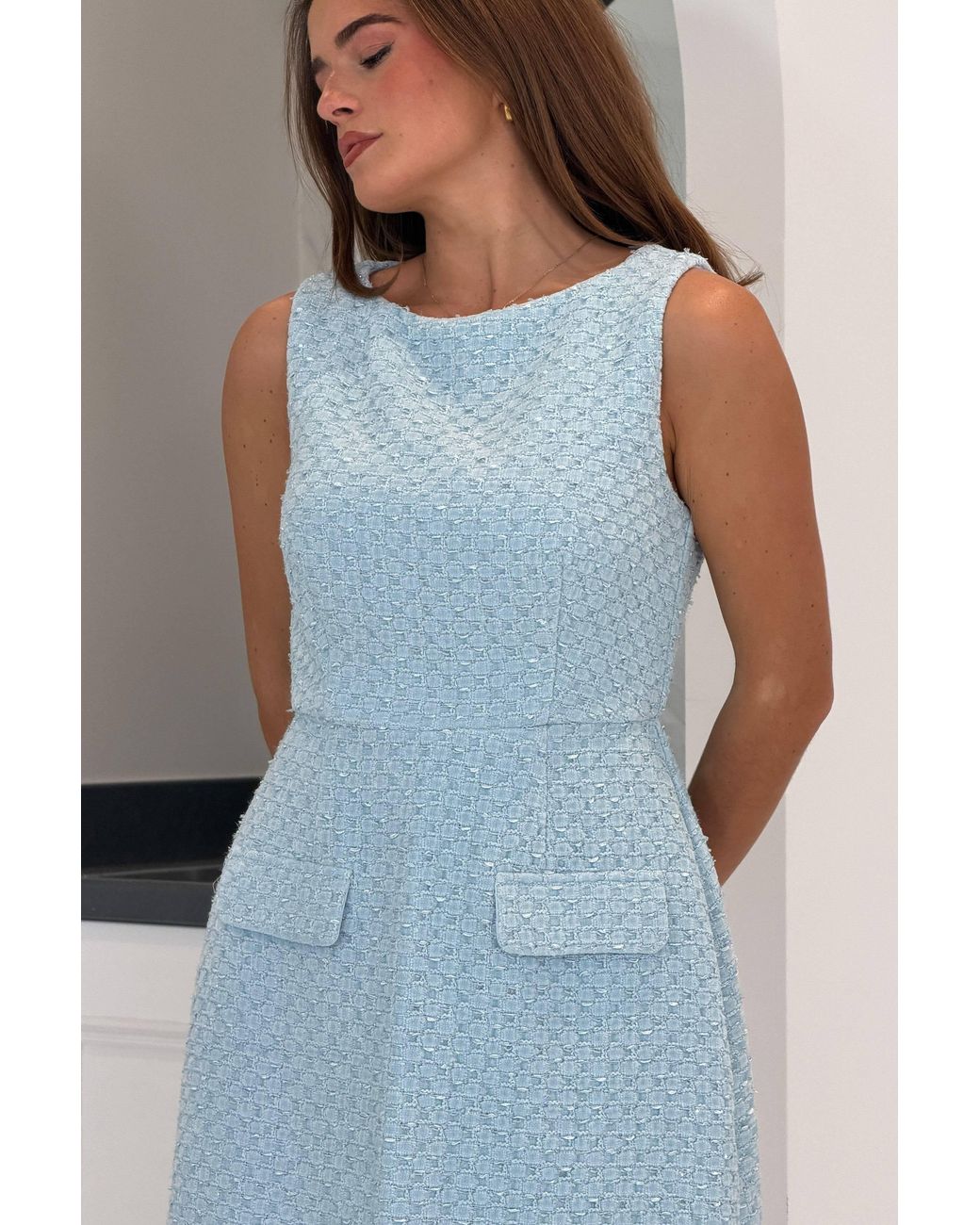 Girl In Mind Blue Athenia Tweed Pocket Detail Mini Dress