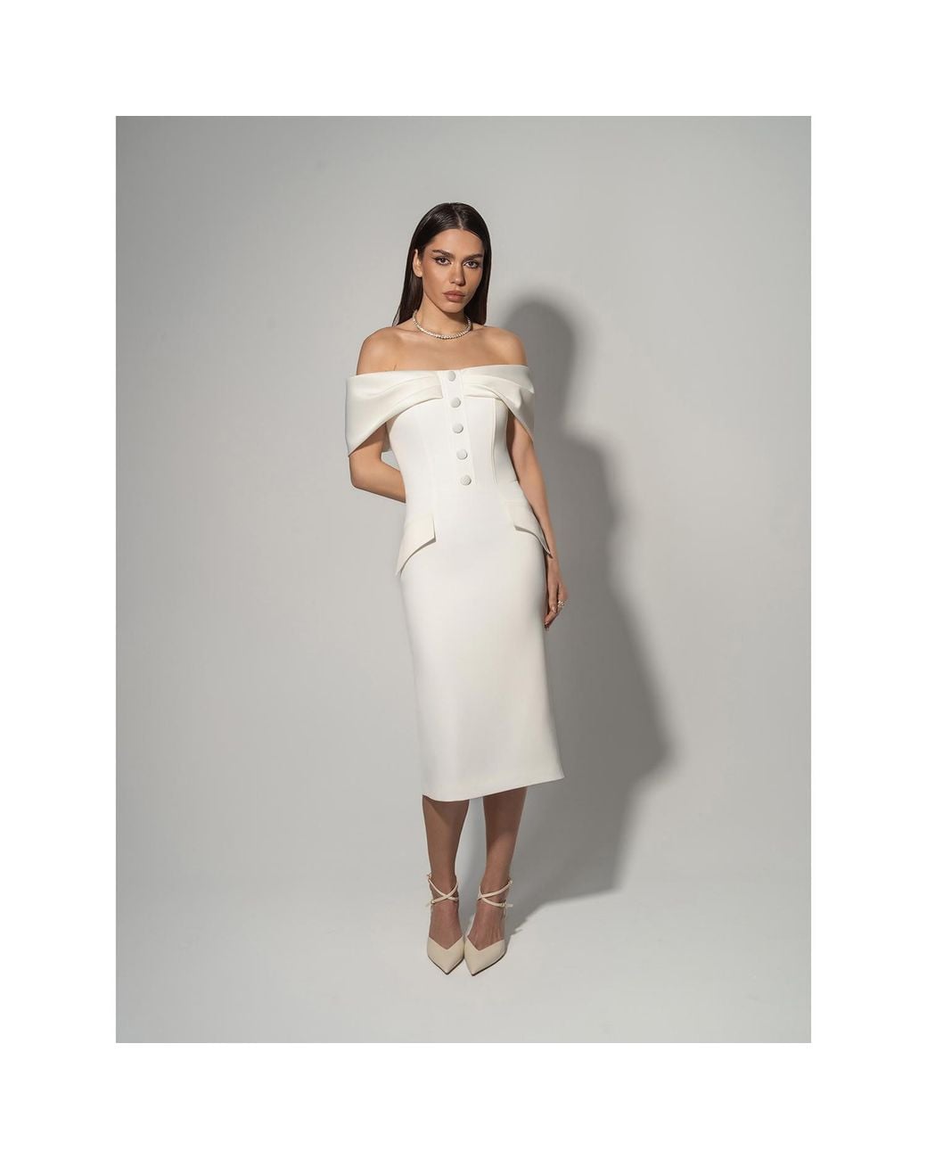 Tia Dorraine White Steel Confidence Off-Shoulder Midi Dress