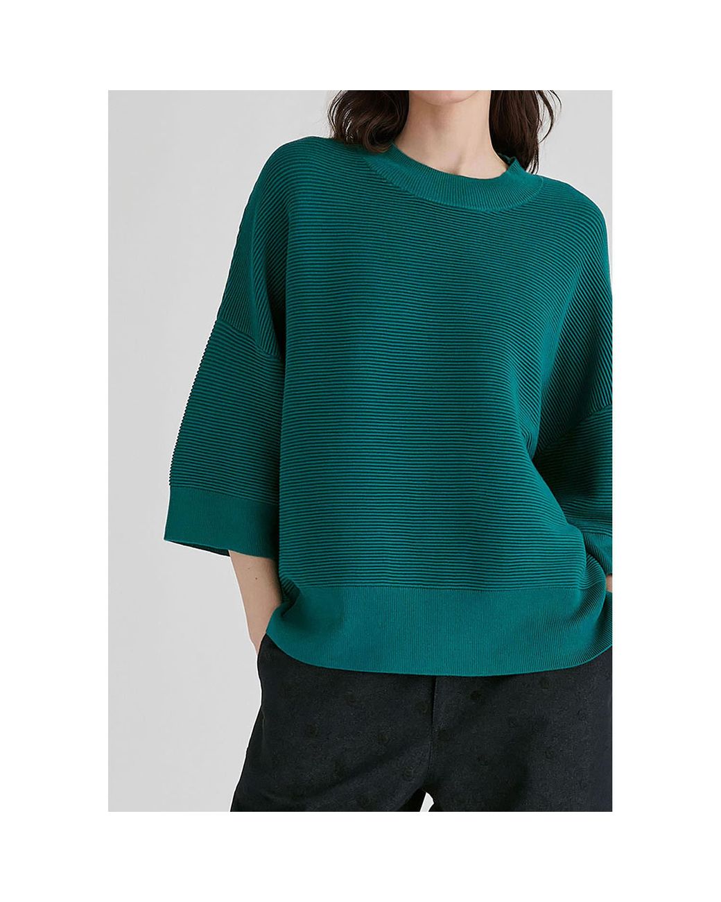 Paisie Green Mock Neck Cropped Sleeve Ribbed Jumper