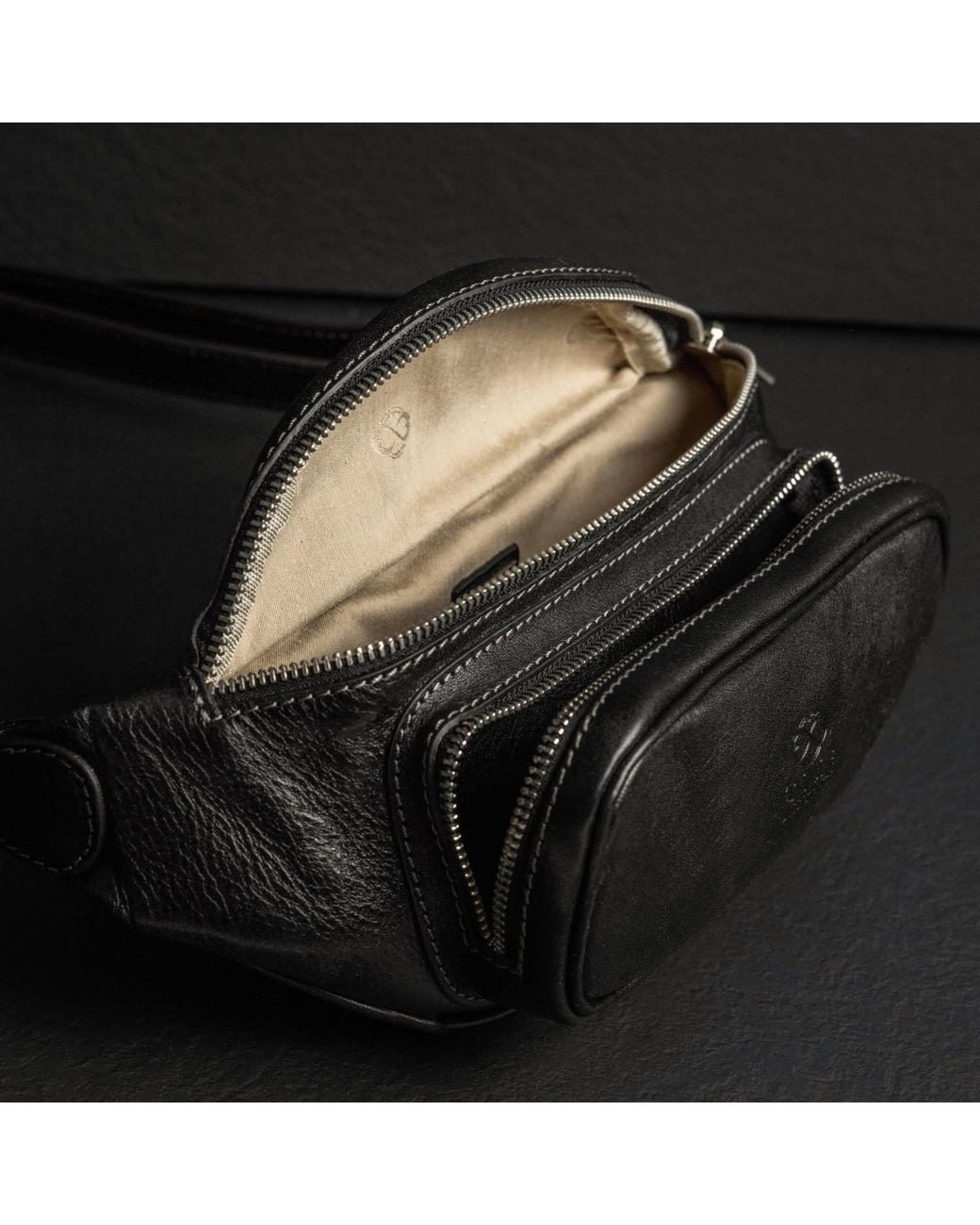 Time Resistance Black Leather Sling Bag Belly Bag for men