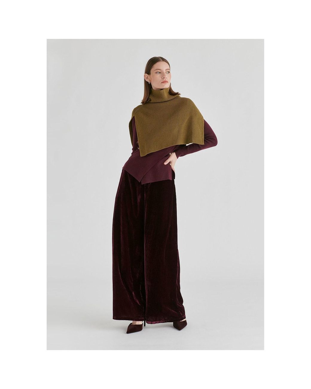 Paisie Purple Wrap Front Knit Top With Mock Neck And Button Detail