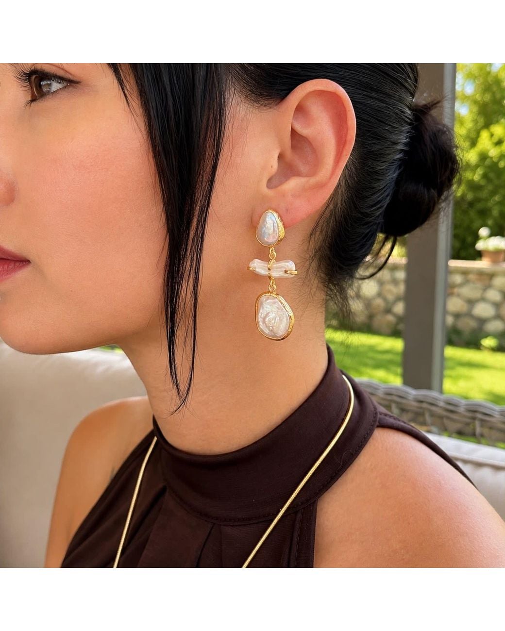 By Ozge Metallic Cleopatra Baroque Pearl Plated Statement Drop Earrings