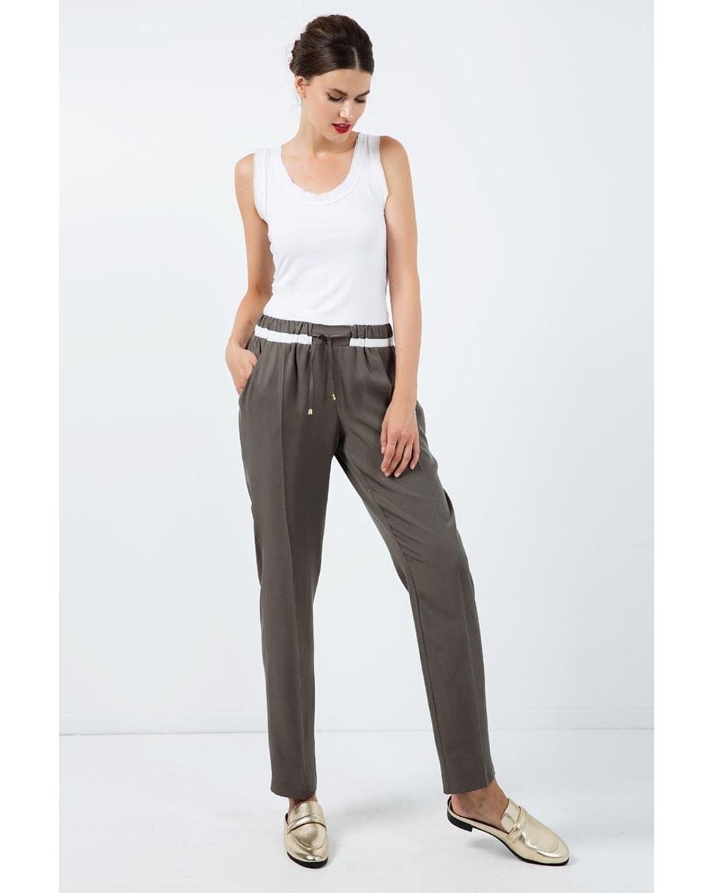Conquista Gray Long Khaki Pants With Cream Panel