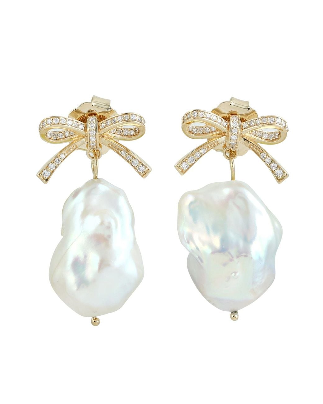 Artisan Metallic 18K Uneven Pearl & Diamond Bow Drop Earrings