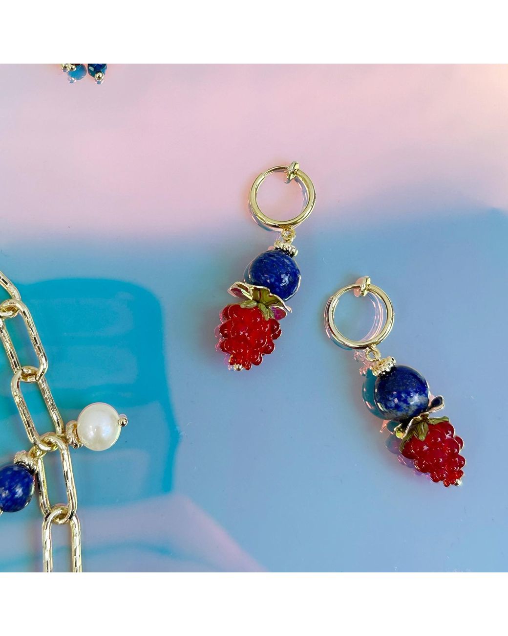 Farra Blue Lapis With Raspberry Clip-On Earrings