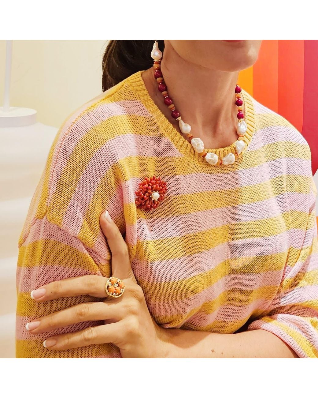 Farra Red Flower Handcrafted Bamboo Coral Brooch